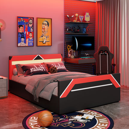 Queen Size Gaming Bed with Built-in 7-Color LED Lighting Headboard, Side-Lift Hydraulic Storage Platform Bed, Cyberpunk Style, Black+Red