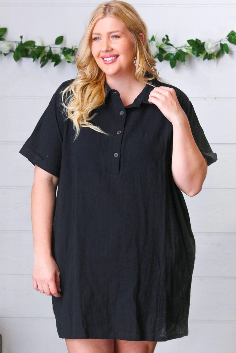 Wholesale Black Plus Size Collar Buttoned Short Sleeve Shirt Dress - Eloy Royal