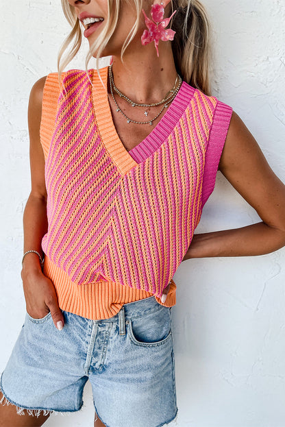 Strawberry Pink Contrast Chevron V Neck Knitted Vest - Eloy Royal