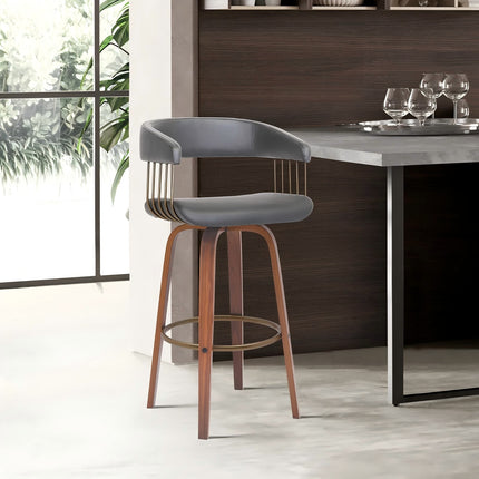 Gatopa 30.5' Swivel Walnut Wood Bar Stool in Gray Faux Leather with Golden Bronze Metal