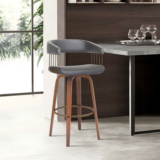 Gatopa 30.5' Swivel Walnut Wood Bar Stool in Gray Faux Leather with Golden Bronze Metal