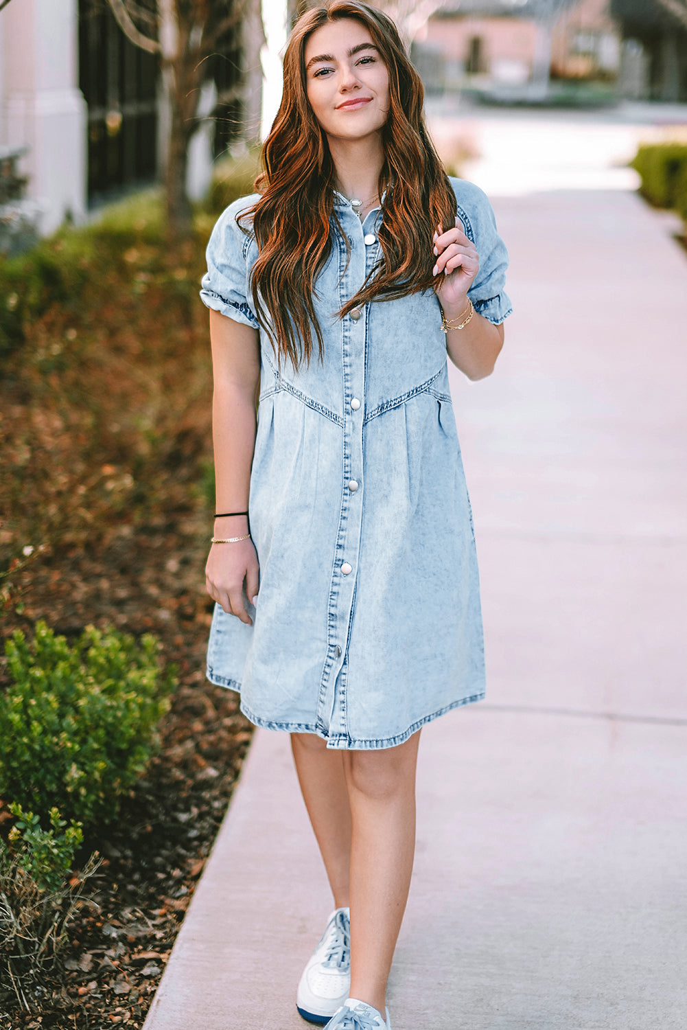 Blue Mineral Washed Ruffled Short Sleeve Pocketed Denim Dress - Eloy Royal