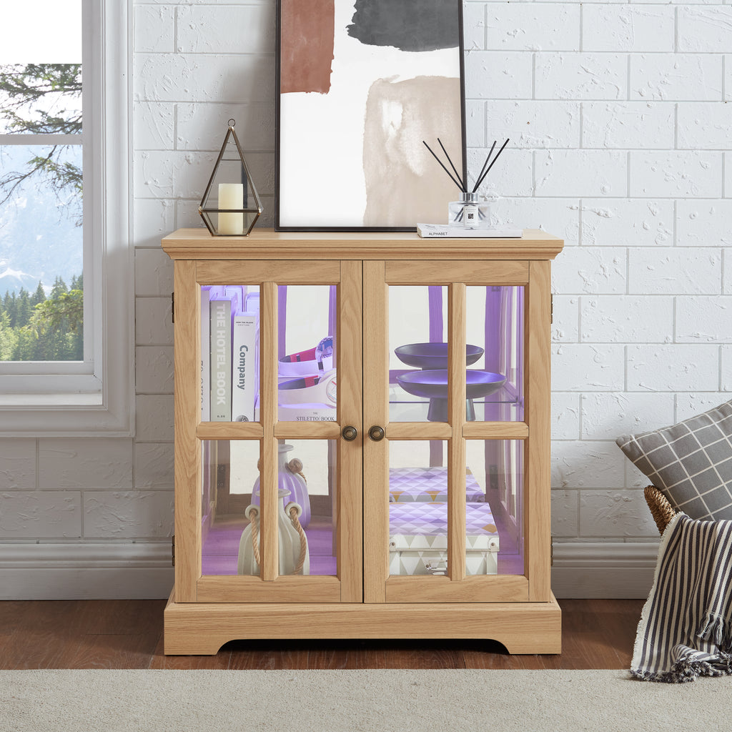 LED Curio Display Cabinet,Antique Display Cabinet with Adjustable Shelves,Retro Design Quality Showcase with Lattice Doors Elegant Bookcase and Storage Cabinet for Home Decor and Organization  OAK