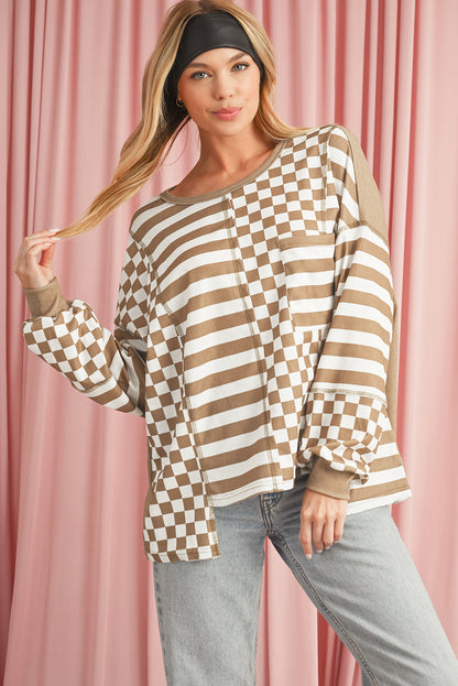 Black Checkered Striped Patchwork Lantern Sleeve Top