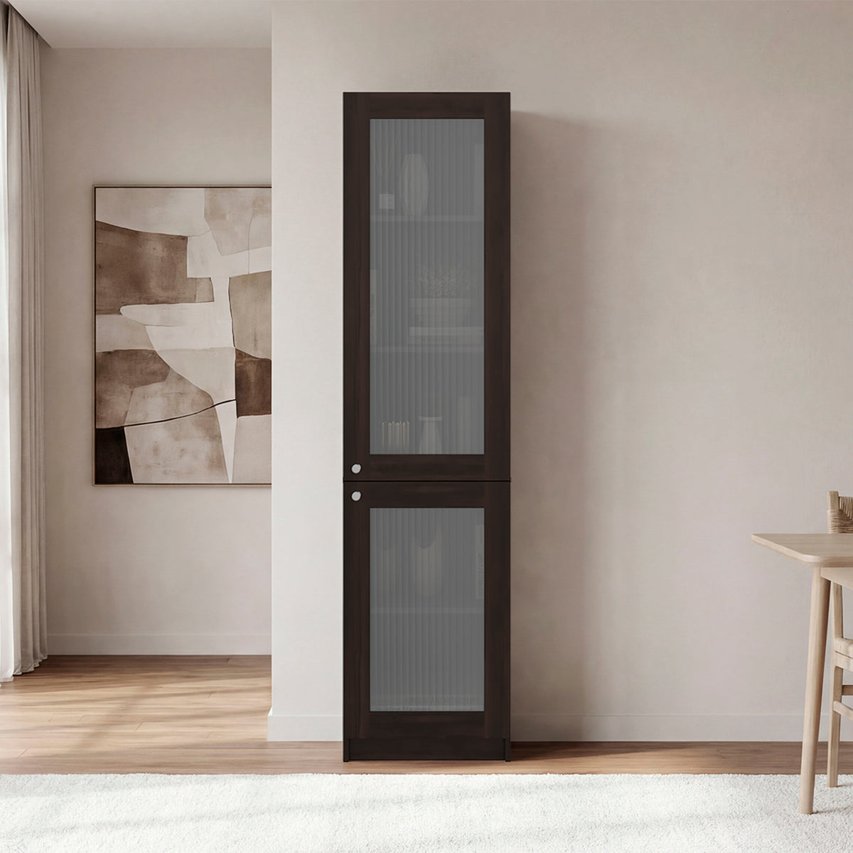 Tall Bookcase 71' H with 2 Fluted Panel Doors and Five Interior Shelves, Dark Walnut