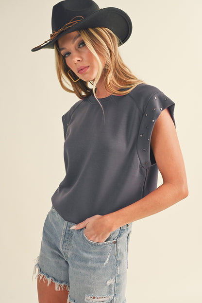 Dark Grey Casual Studded Round Neck T Shirt - Eloy Royal