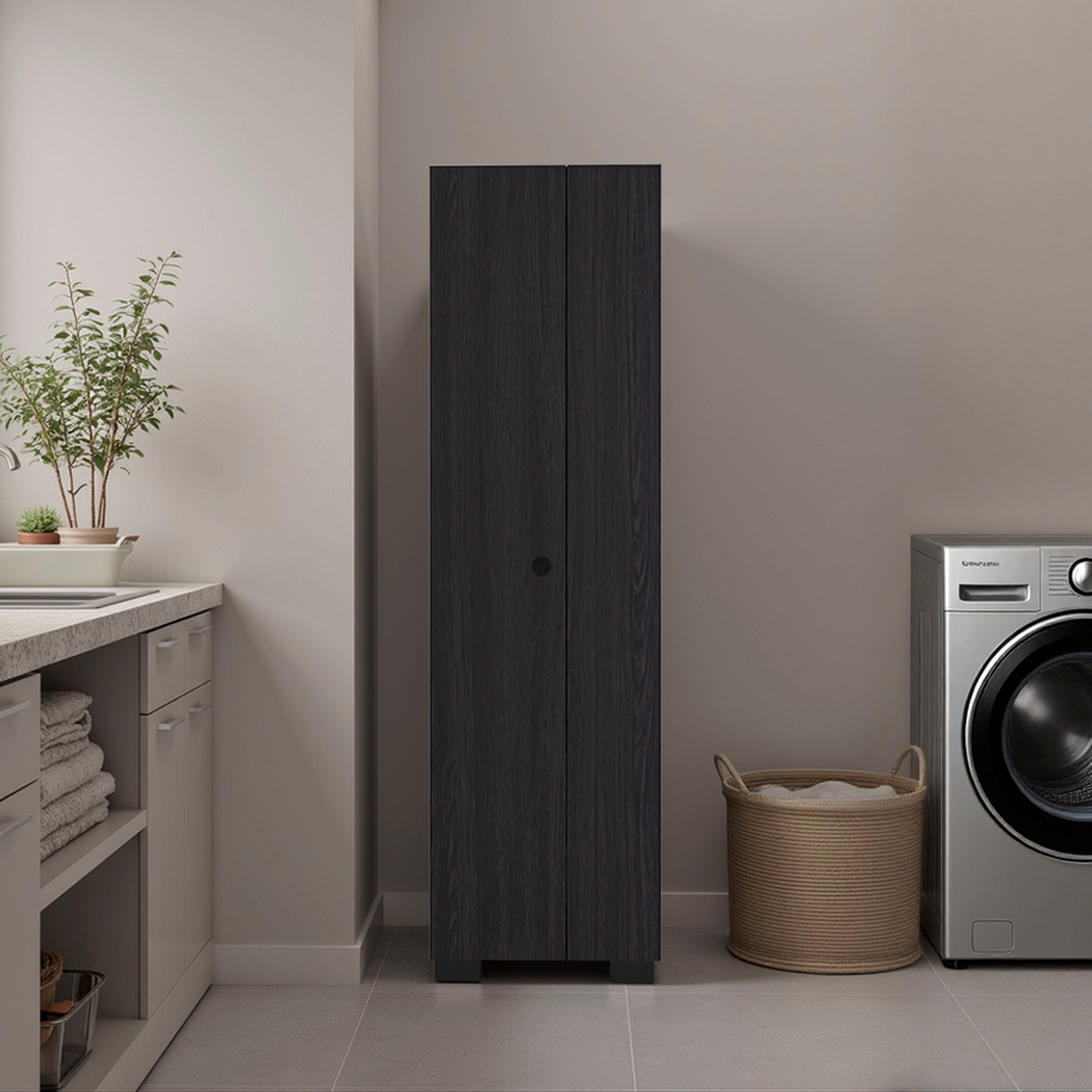 Attica Broom Cabinet Double-Door Design with Inner Shelves and Side Hangers, Black Wengue