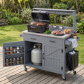 K&K 54.1' Outdoor Kitchen Island with High Shelf, Large Outdoor Potting Bench Table with Stainless Steel Top and Storage Cabinet, Solid Wood Grill Cart With Lockable Wheels for BBQ, Garden, Grey Blue
