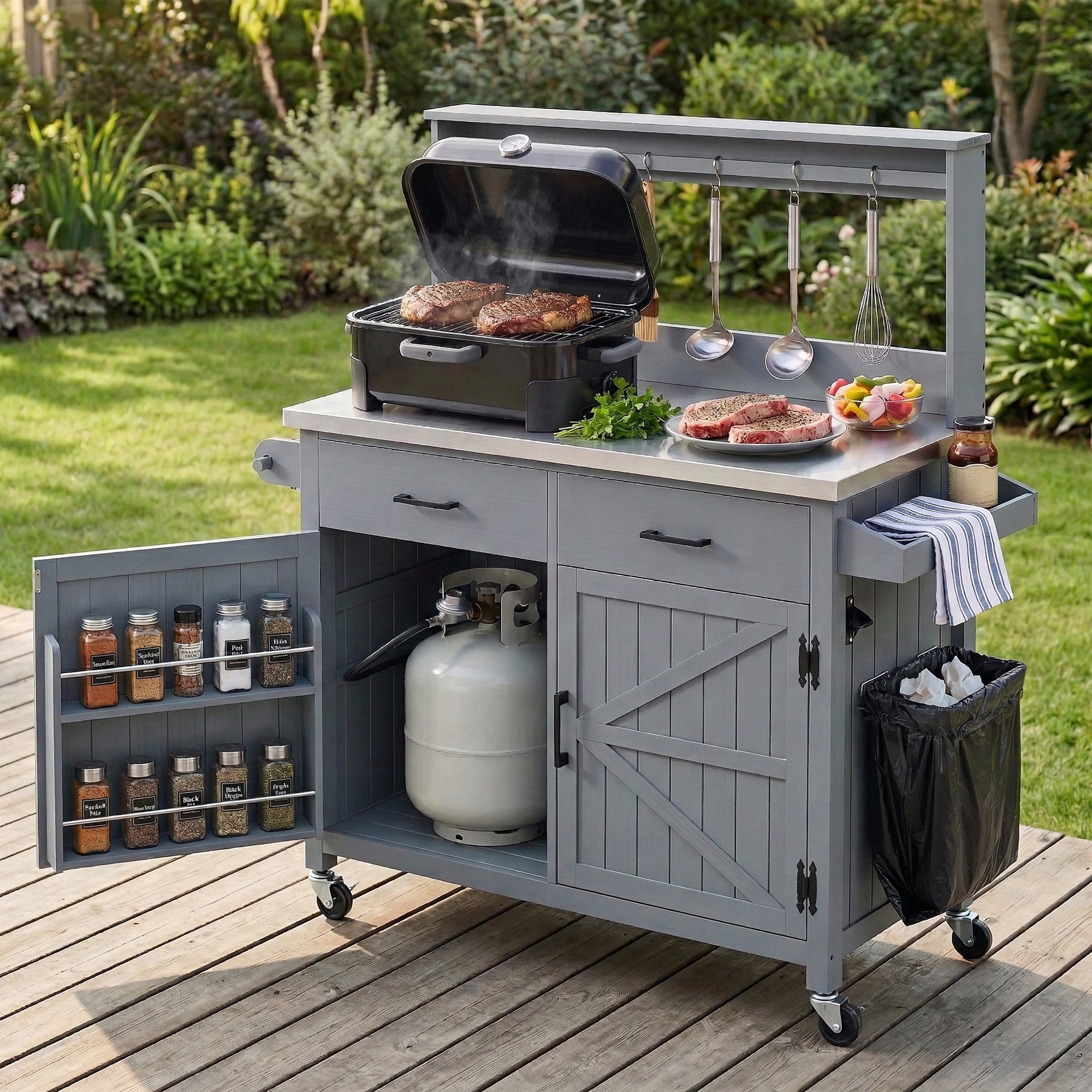 K&K 54.1' Outdoor Kitchen Island with High Shelf, Large Outdoor Potting Bench Table with Stainless Steel Top and Storage Cabinet, Solid Wood Grill Cart With Lockable Wheels for BBQ, Garden, Grey Blue