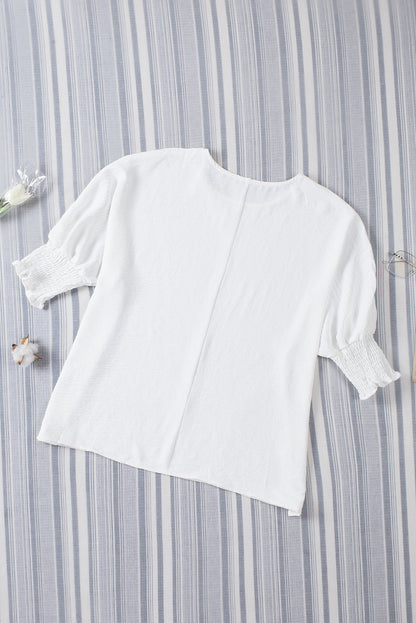 White Plain & Casual Shirred Cuffs Half Sleeve Top - Eloy Royal