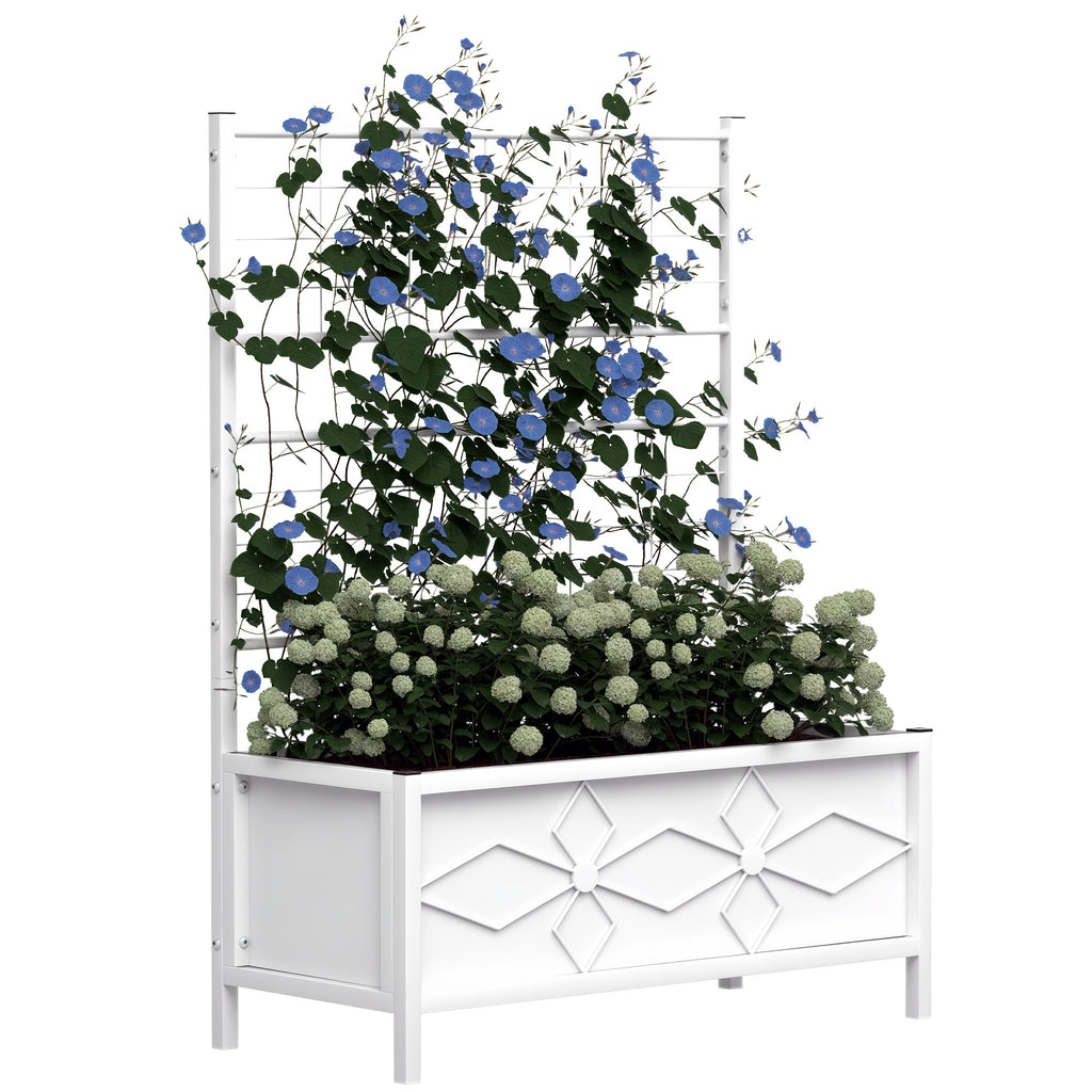 Outsunny Galvanized Raised Garden Bed with Trellis for Climbing Vines Vegetables Flowers, Outdoor Planter Box, 35.4' x 15.7' x 47.2', White