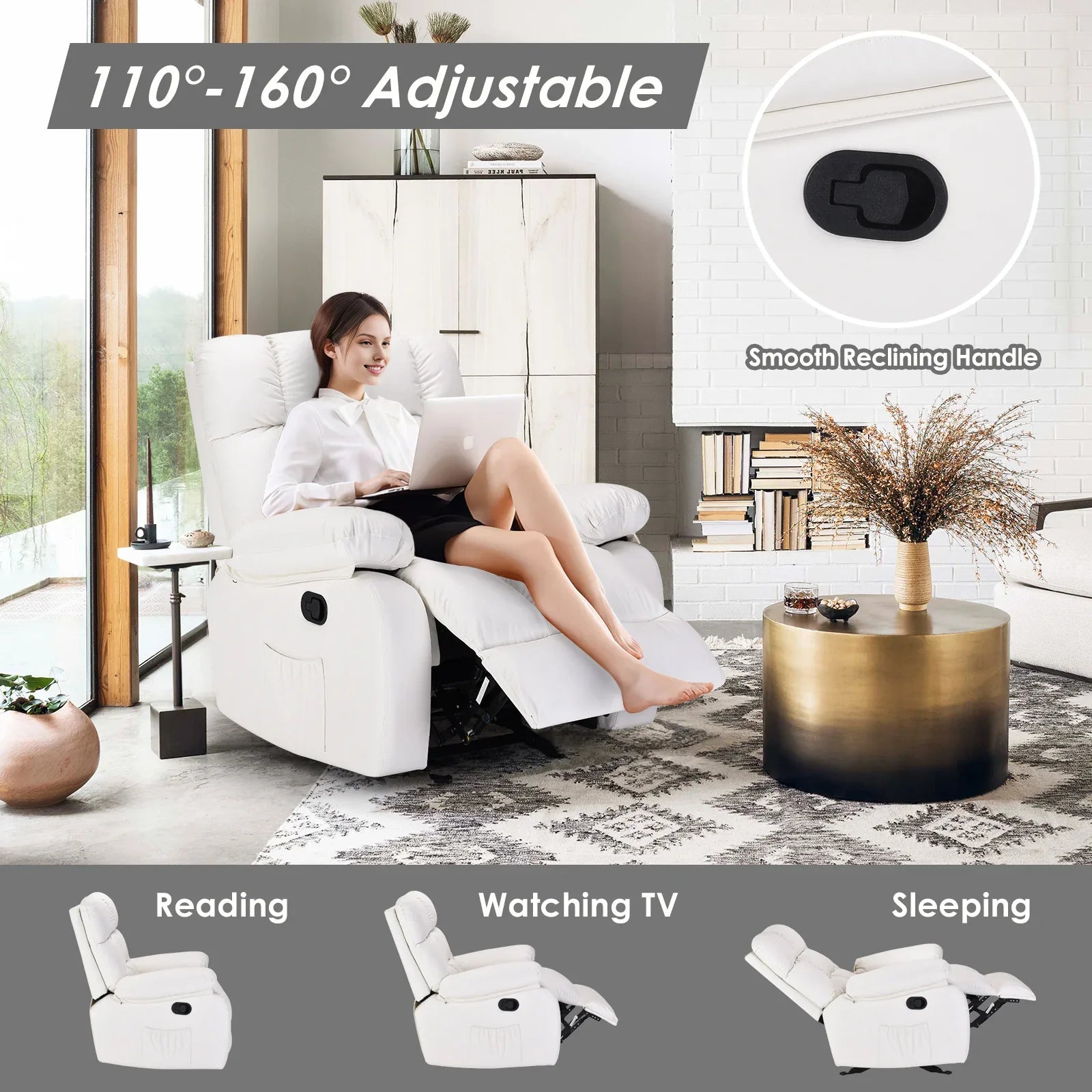 Recliner Chair, Upholstered Rocker Recliner Chair with Side Pocket, Ergonomic 110°-160° Adjustable Reclining Chairs for Adults, Single Sofa Chair with Footrest,Recliner Sofa for Living Room - Eloy Royal