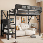 Twin Size Loft Bed with Stairs, Metal Full Loft Bed with Storage Shelves, High Loft Bed with Wardrobe for Kids Teens, Black(Expect Arrival Date 2025/9/22)