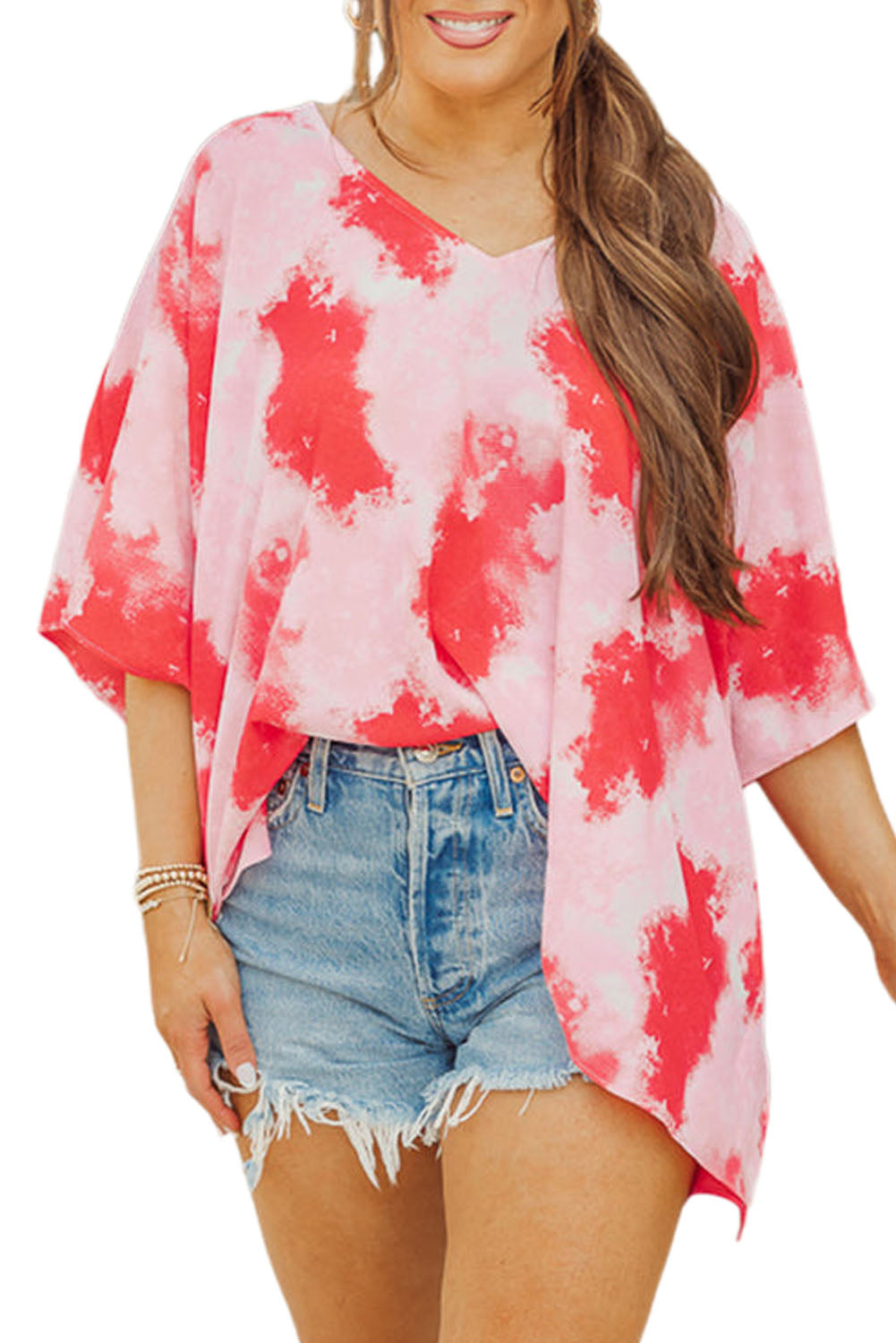 Wholesale Red Plus Size Tie Dye Print 3/4 Sleeve Tunic Top - Eloy Royal