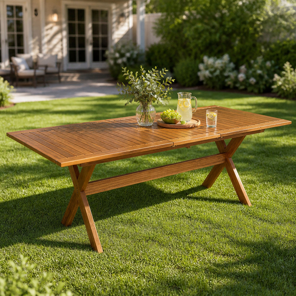 60'-76' Acacia Wood Outdoor Dining Table , Telescopic Table Ideal for Patio & Garden Gatherings, Teak Finish