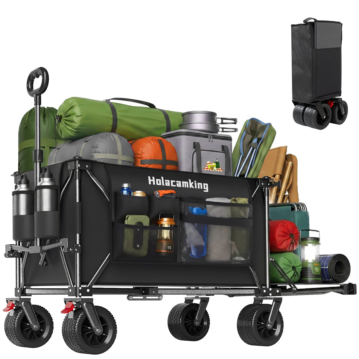 58' L Foldable Wagon with Extended Tailgate, Extra Long Extender Wagon Cart, Heavy Duty 500LBS with All-Terrain Big Wheels for Camping Shopping Sports Beach, Black