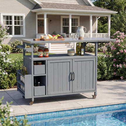 54.33' Farmhouse Rolling Outdoor Kitchen Cart, Solid Wood Frame with Stainless Steel Top, Spice Rack, Towel Rack, Lockable Wheels & Multi-Functional Storage for Patio, Backyard BBQ & Kitchen