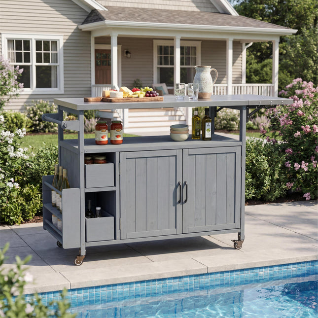 54.33' Farmhouse Rolling Outdoor Kitchen Cart, Solid Wood Frame with Stainless Steel Top, Spice Rack, Towel Rack, Lockable Wheels & Multi-Functional Storage for Patio, Backyard BBQ & Kitchen