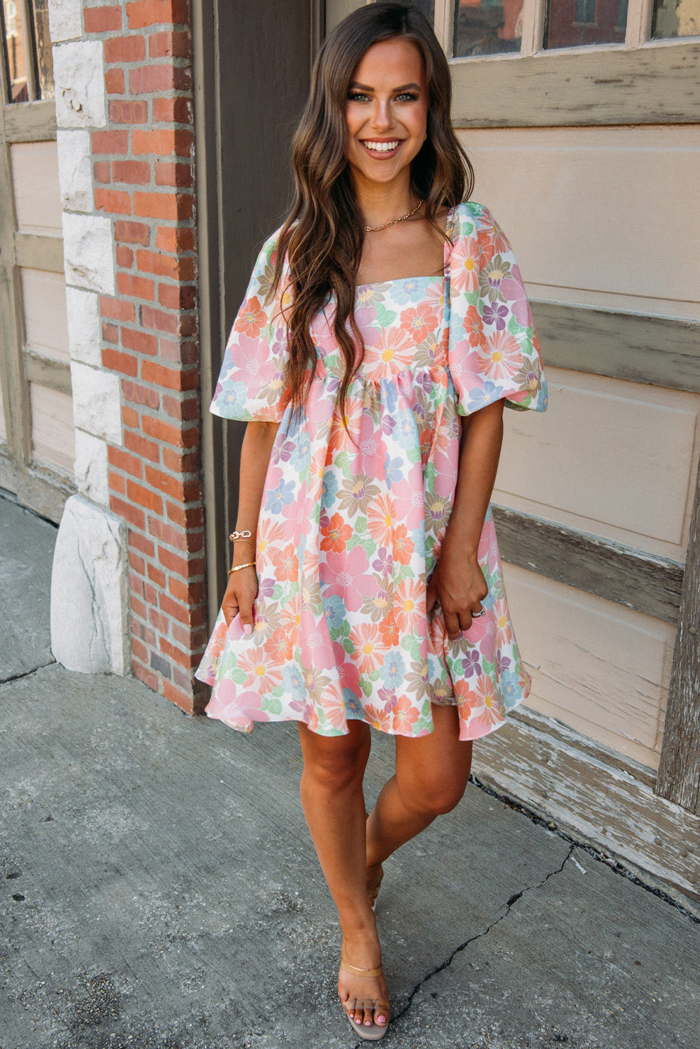 Rose Summer Floral Square Neck Puff Sleeve Babydoll Dress - Eloy Royal