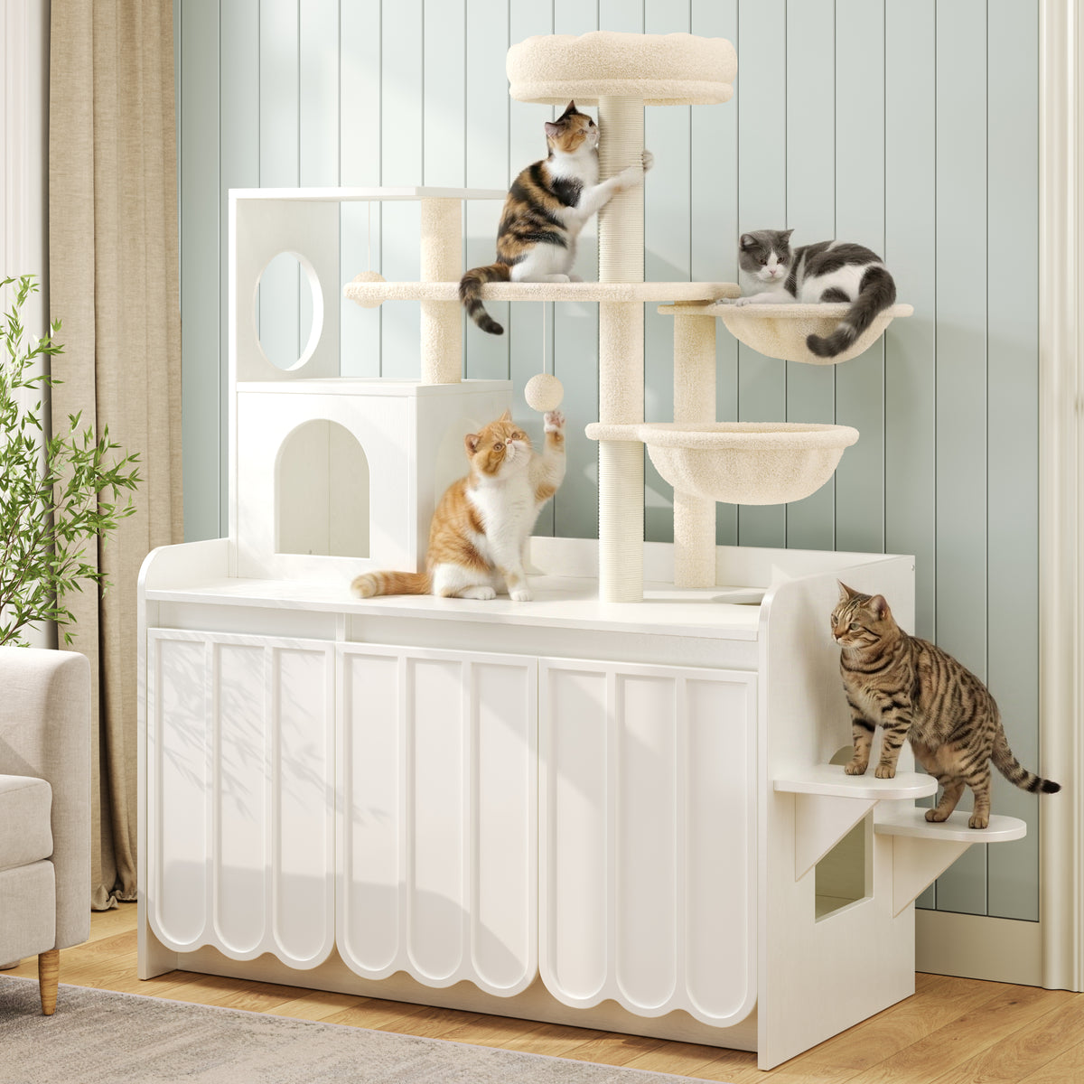 50.6'  Cat Tree with Litter Box Enclosure, 5Cat Tower with Sisal Scratching Post and Storage Space, Hidden Litter Enclosure Furniture, All-in-One Modern Cat Condo with House, Hammock and Perch, White