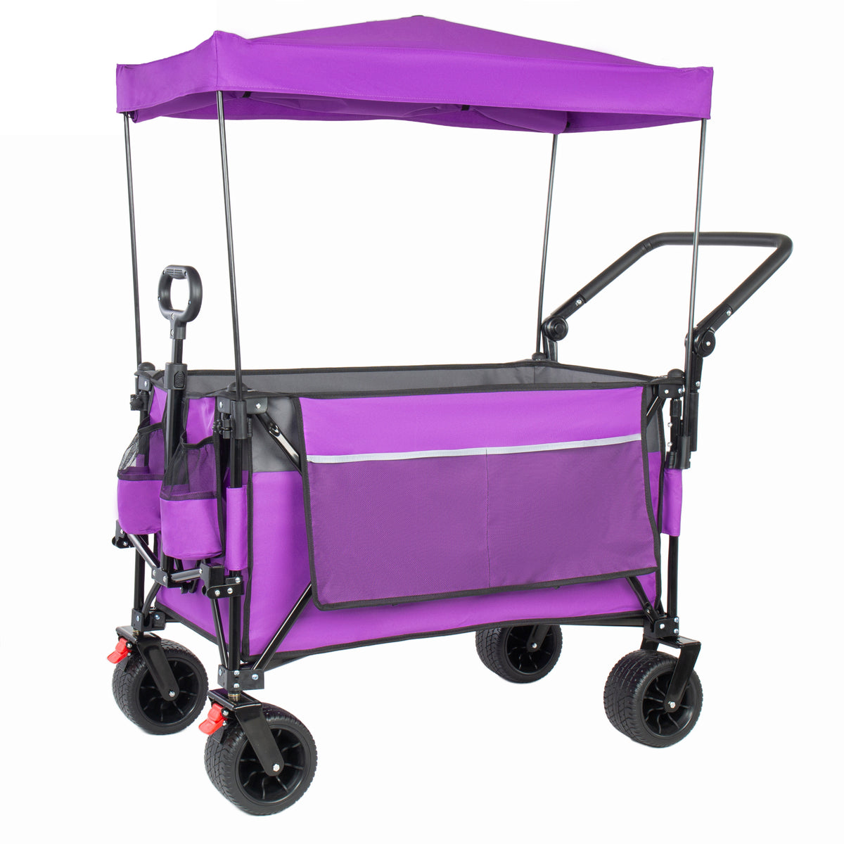 Multi-Functional Push-Pull Folding Wagon Cart with Rotating Handle & Canopy, 7''x4''All-Terrain Wheels & Brakes, Load Capacity 480lbs, 300L Large Capacity for Transport, Groceries, Outdoor Use, Purple