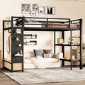 Full size Loft Bed Frame with Wardrobe,Metal Loft Bed with Storage Shelves and Pegboard,Black