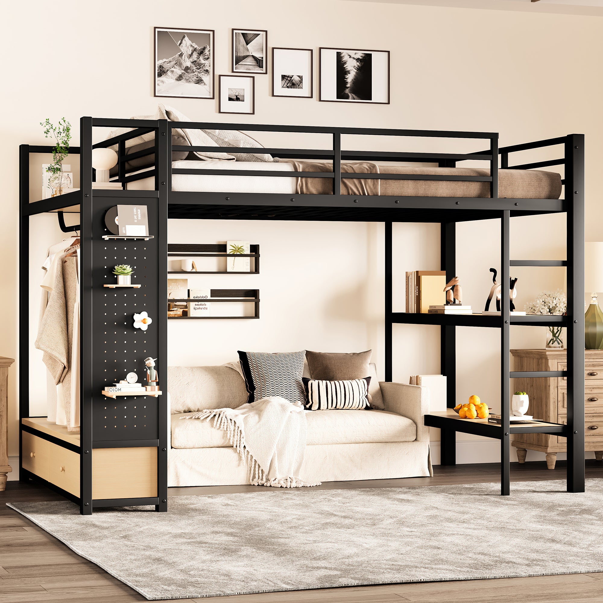 Full size Loft Bed Frame with Wardrobe,Metal Loft Bed with Storage Shelves and Pegboard,Black