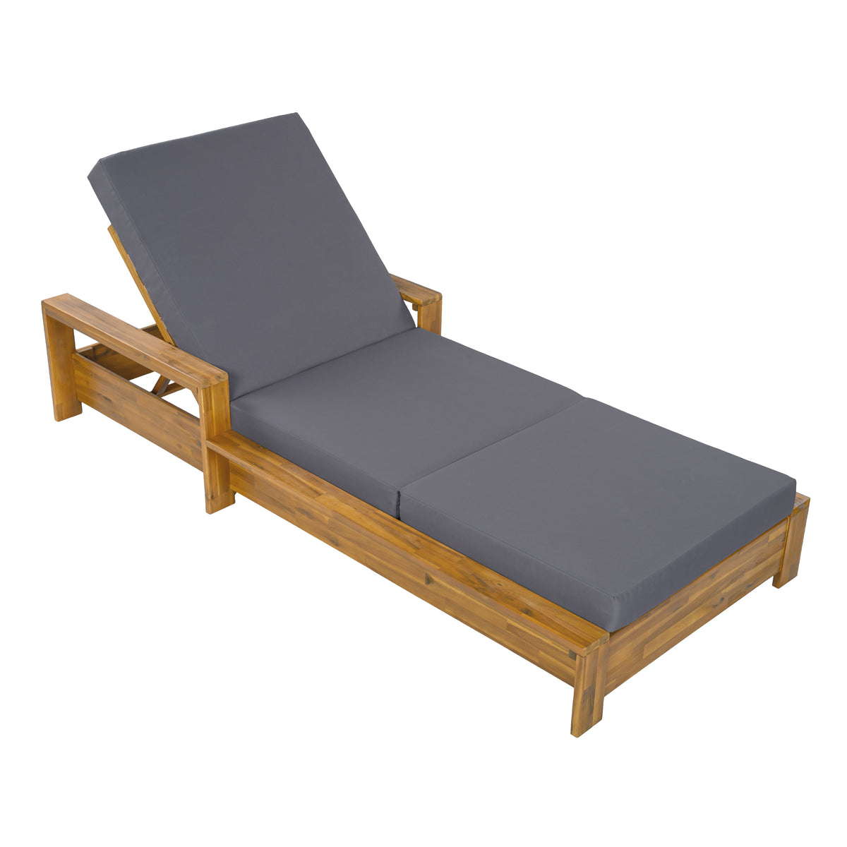 Teak Finish Acacia Wood Chaise Lounge with Dark Grey 3-Fold Cushion Set, 3-Position Adjustable Backrest, Water Resistant for Patio Pool