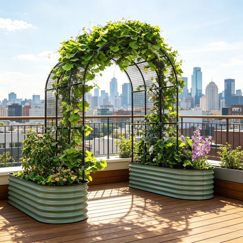 Raised Garden Beds Set with Arch Trellis, Climbing Net, Galvanized Planter Box