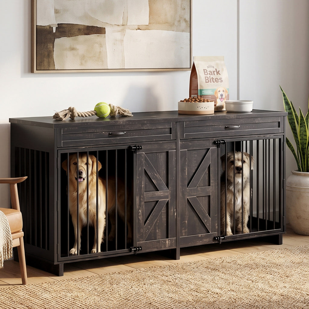 Dog Crate Furniture TV Stand, 2-in-1 Wooden Dog Kennel with Storage Drawers, Large Dog Cage for Home
