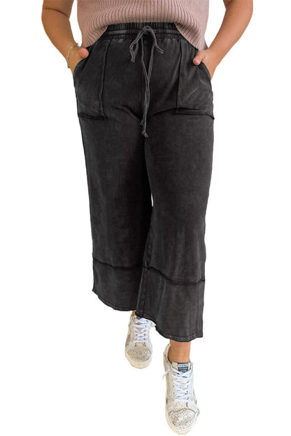 Wholesale Black Plus Mineral Wash Exposed Seam Wide Leg Cropped Pants - Eloy Royal