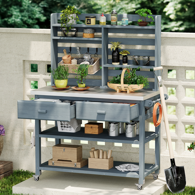 Solid Wood Outdoor Kitchen Island with Upper Hutch