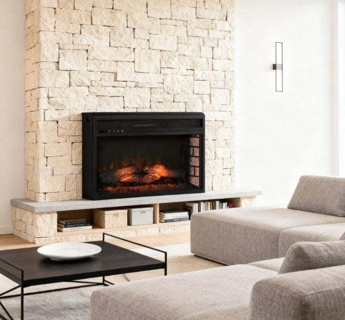 Retro Recessed Fireplace Heater with Realistic Log Flame,Electric Fireplace Insert,Remote Control,and Adjustable Brightness
