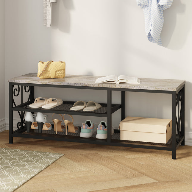 Vividwood Entryway Storage Bench with Shoe Rack, 47.2' Wide Hallway Bench with Seating, Rustic Wood Top & Metal Frame, 2-Tier Shoe Organizer for Entryway, Bedroom, or Living Room, Weathered Wood