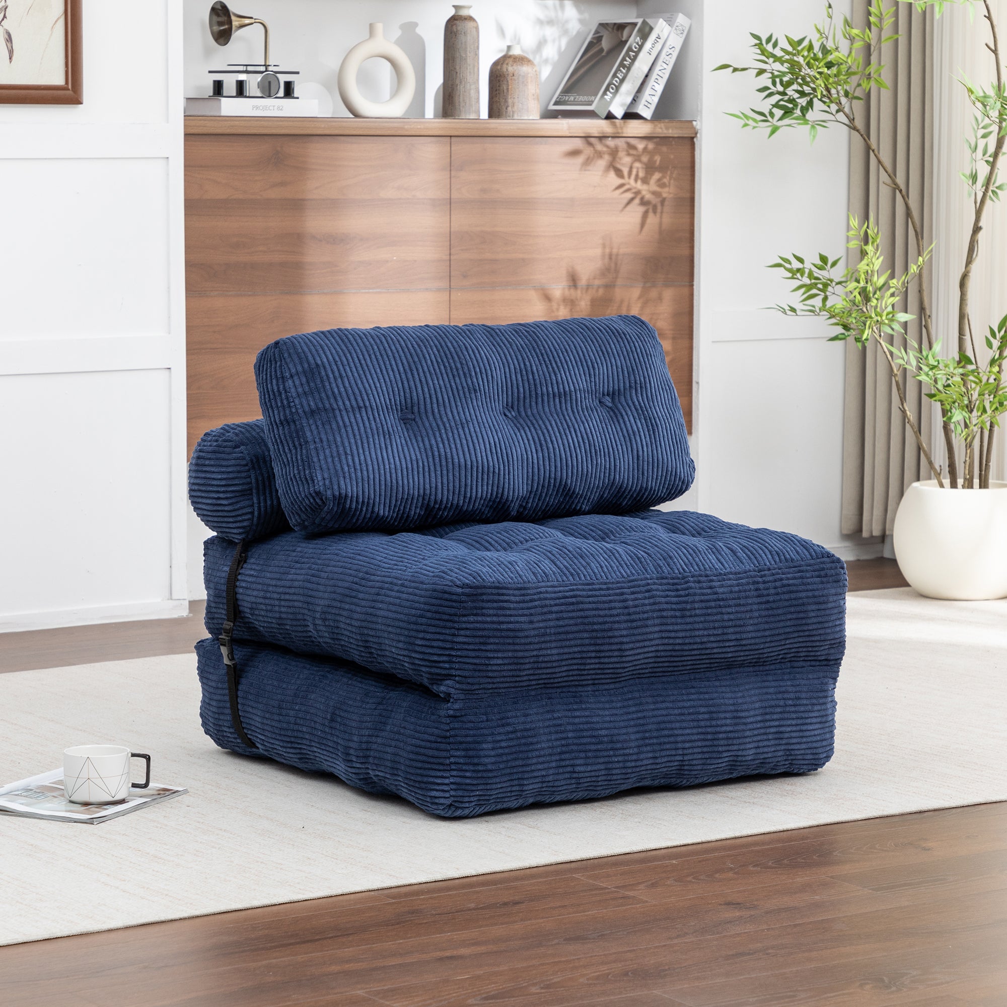 Folding Sofa Bed, Convertible Sleeper Chair with Pillow Foldable Mattress with Back Support, Portable Fold Out Chair Bed Comfy Floor Sofa Lounge for Living Room Bedroom, Dark Blue, Single