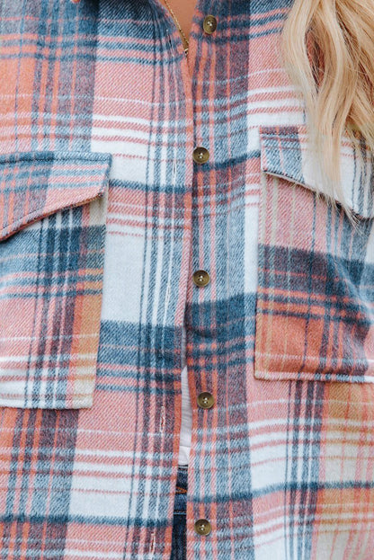 Pink & Grey Plaid Button Up Collared Flannel Shacket - Eloy Royal