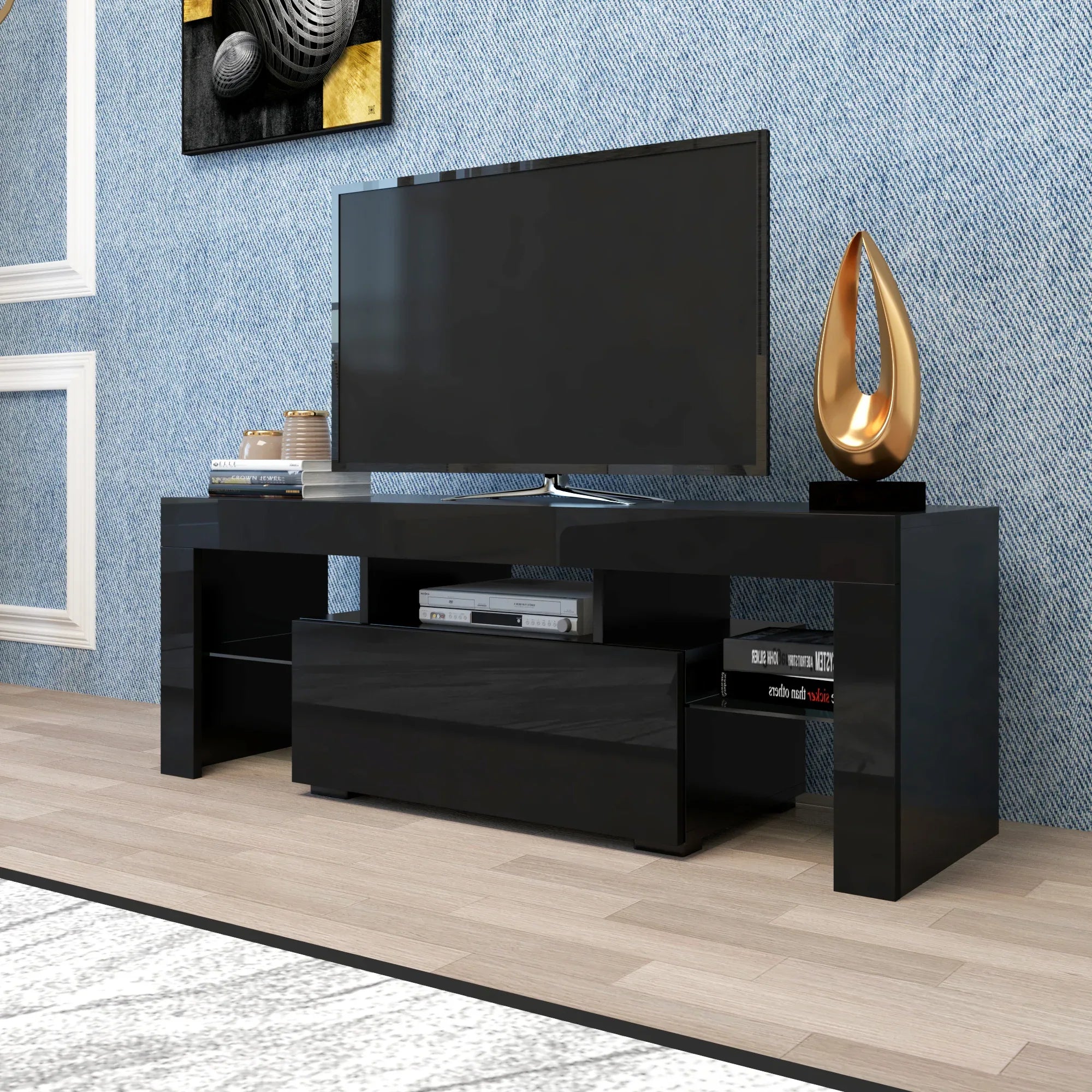Black TV Stand with LED RGB Lights,Flat Screen TV Cabinet, Gaming Consoles - in Lounge Room, Living Room and Bedroom(Black) - Eloy Royal