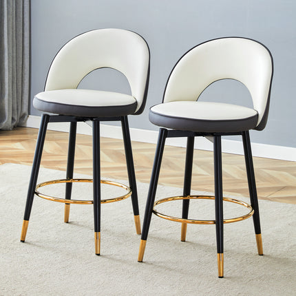 360 ° rotatable bar chair.Modern White and Dark Gray Spliced Color PU comfortable upholstered bar chair with smooth and beautiful black metal legs for dining room, kitchen, terrace.Set Of 2.