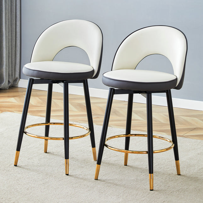 360 ° rotatable bar chair.Modern White and Dark Gray Spliced Color PU comfortable upholstered bar chair with smooth and beautiful black metal legs for dining room, kitchen, terrace.Set Of 2.