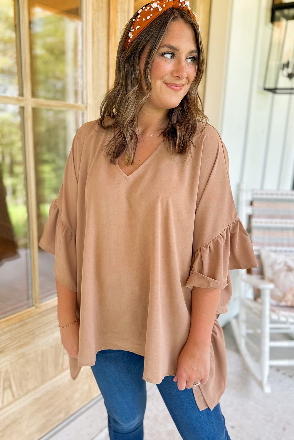 Smoke Gray Plus Size Ruffled Dolman Sleeve V Neck Blouse - Eloy Royal