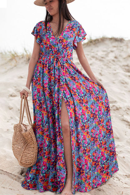 Wholesale Blue Boho Floral Print V Neck Wrap Split Maxi Dress - Eloy Royal