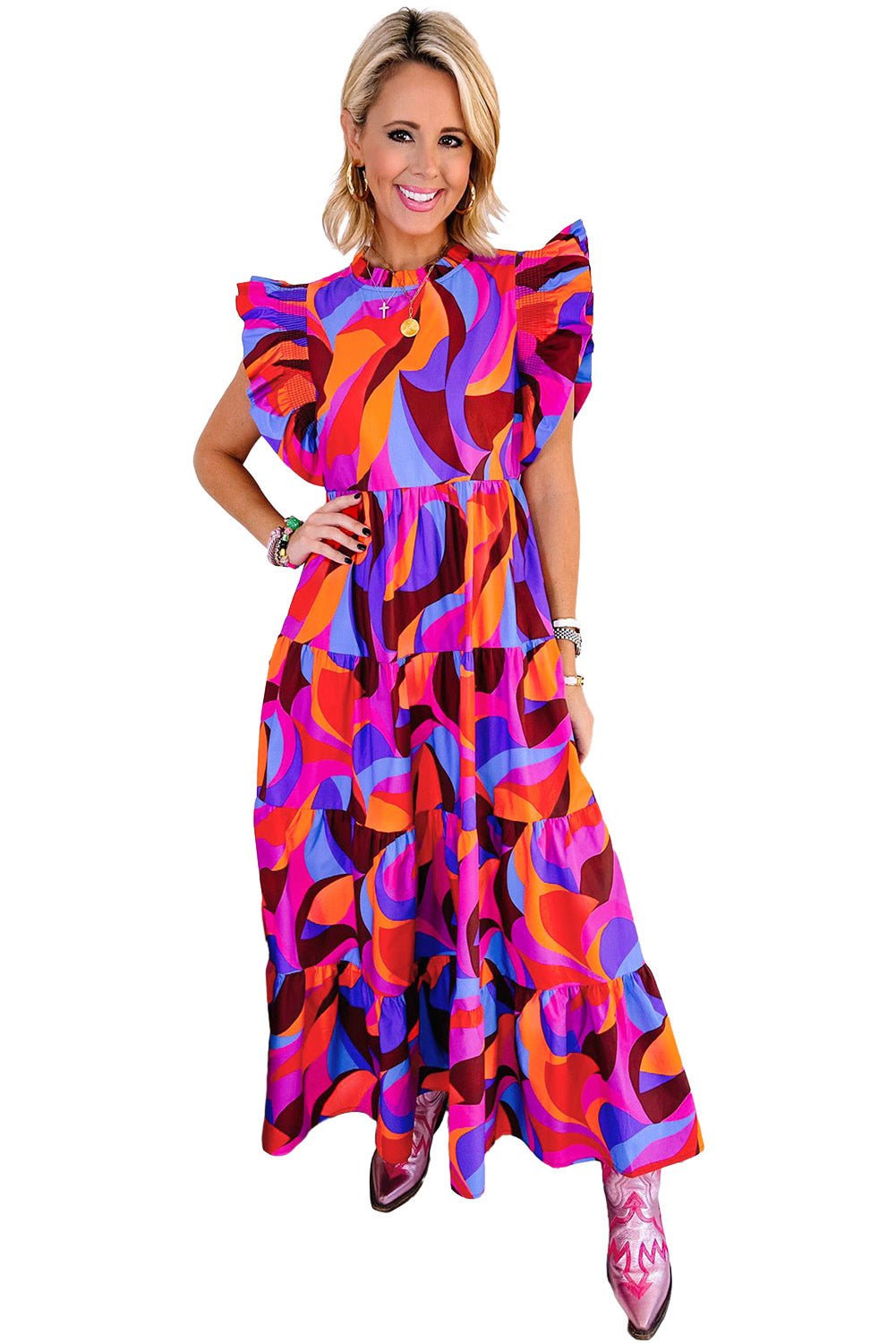 Orange Abstract Print High Waist Ruffle Tiered Maxi Dress - Eloy Royal