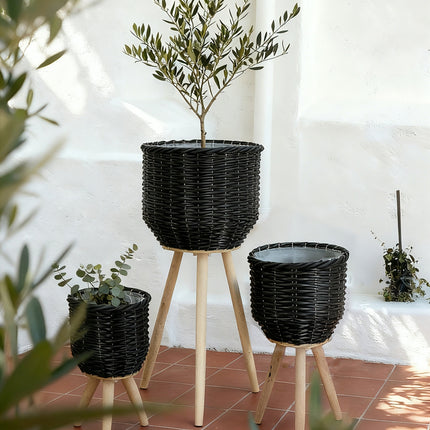 Set of 3 Black Poly Rattan Baskets with Rope Texture and Tapered Wooden Legs, L:12x12x23.5' M:10x10x17.5' S:8x8x13.5'