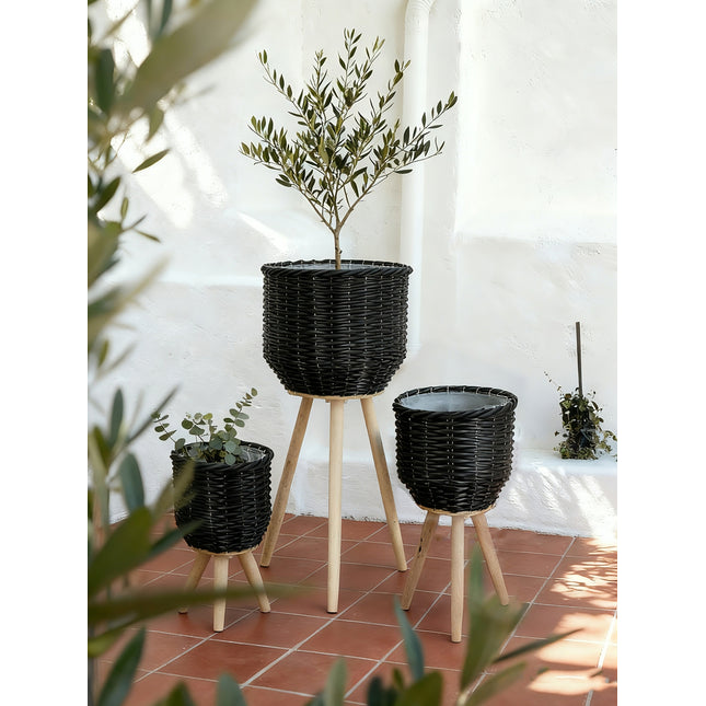 Set of 3 Black Poly Rattan Baskets with Rope Texture and Tapered Wooden Legs, L:12x12x23.5' M:10x10x17.5' S:8x8x13.5'