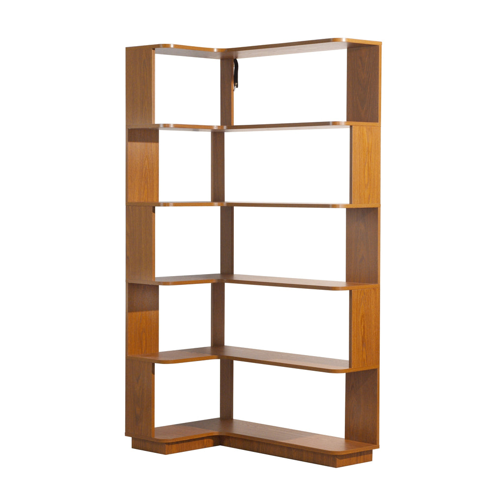 L-Shaped Corner Bookshelf in Dark Oak, 90cm Extended Size 5-Tier Freestanding Wooden Display Shelf with Anti-Tip & Anti-Drop Features