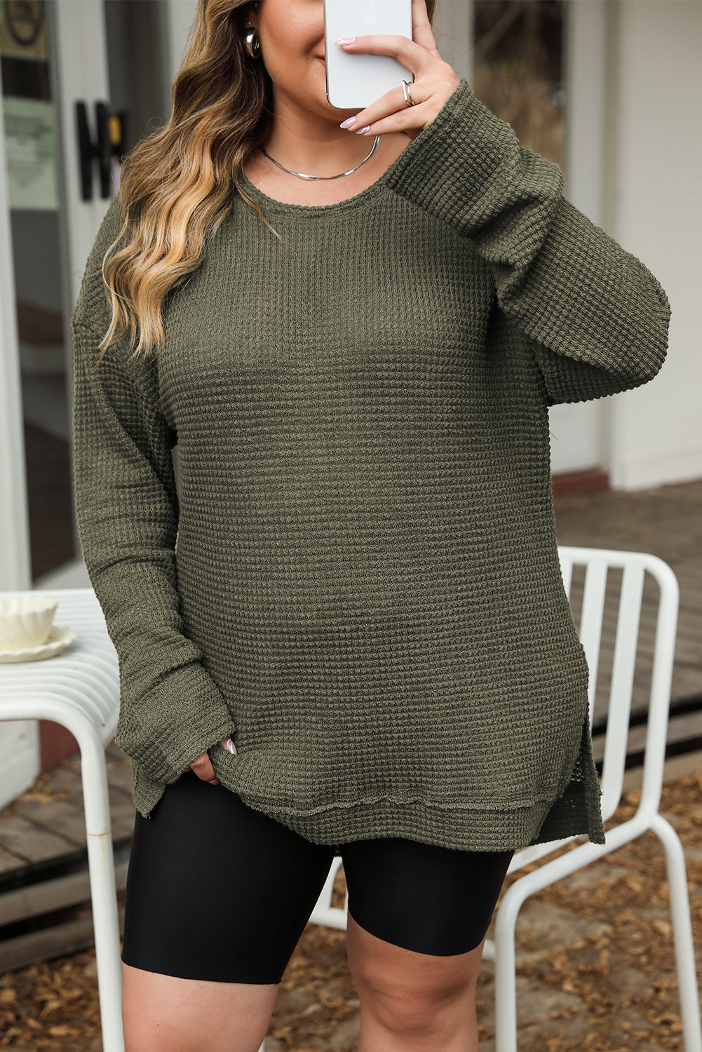 Moss Green Plus Size Textured Knit Long Sleeve Top - Eloy Royal