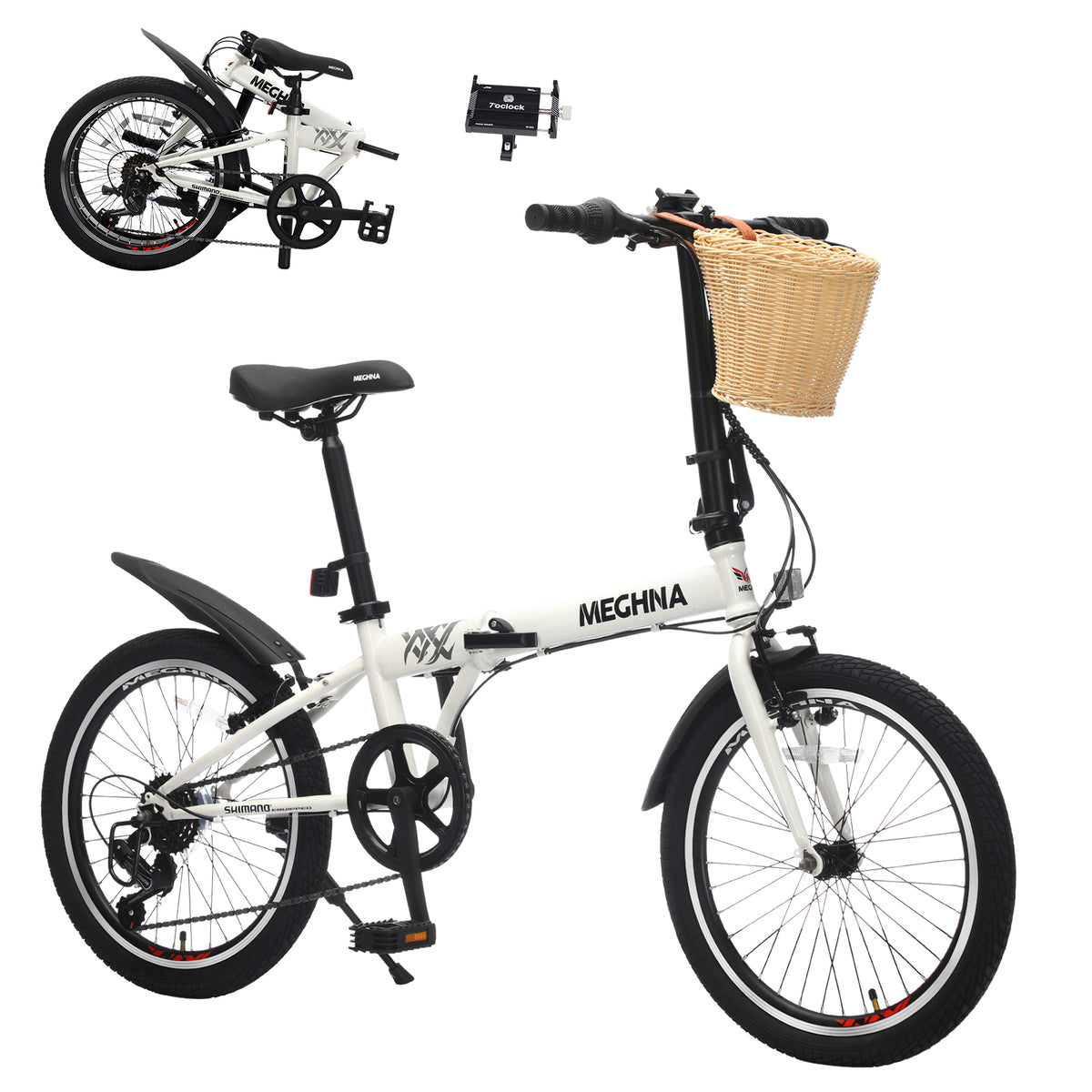 20 Inch Folding Bike for Adults with Basket, Phone Holder & Fenders, Steel Frame 6-Speed City Commuter, Dual V-Brake Portable Compact Bicycle for Men & Women