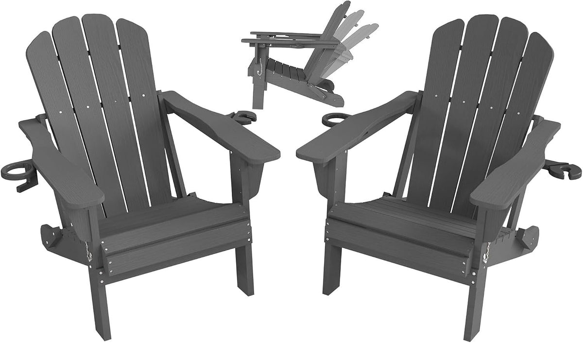 Adjustable HDPE Adirondack Chairs Set of 2, Grey, 3-Position Reclining ,Foldable, Cup & Phone Holders, All-Weather Outdoor