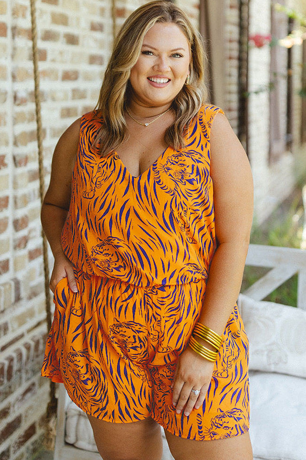 Yellow Plus Size Tiger Print Sleeveless V Neck Romper - Eloy Royal