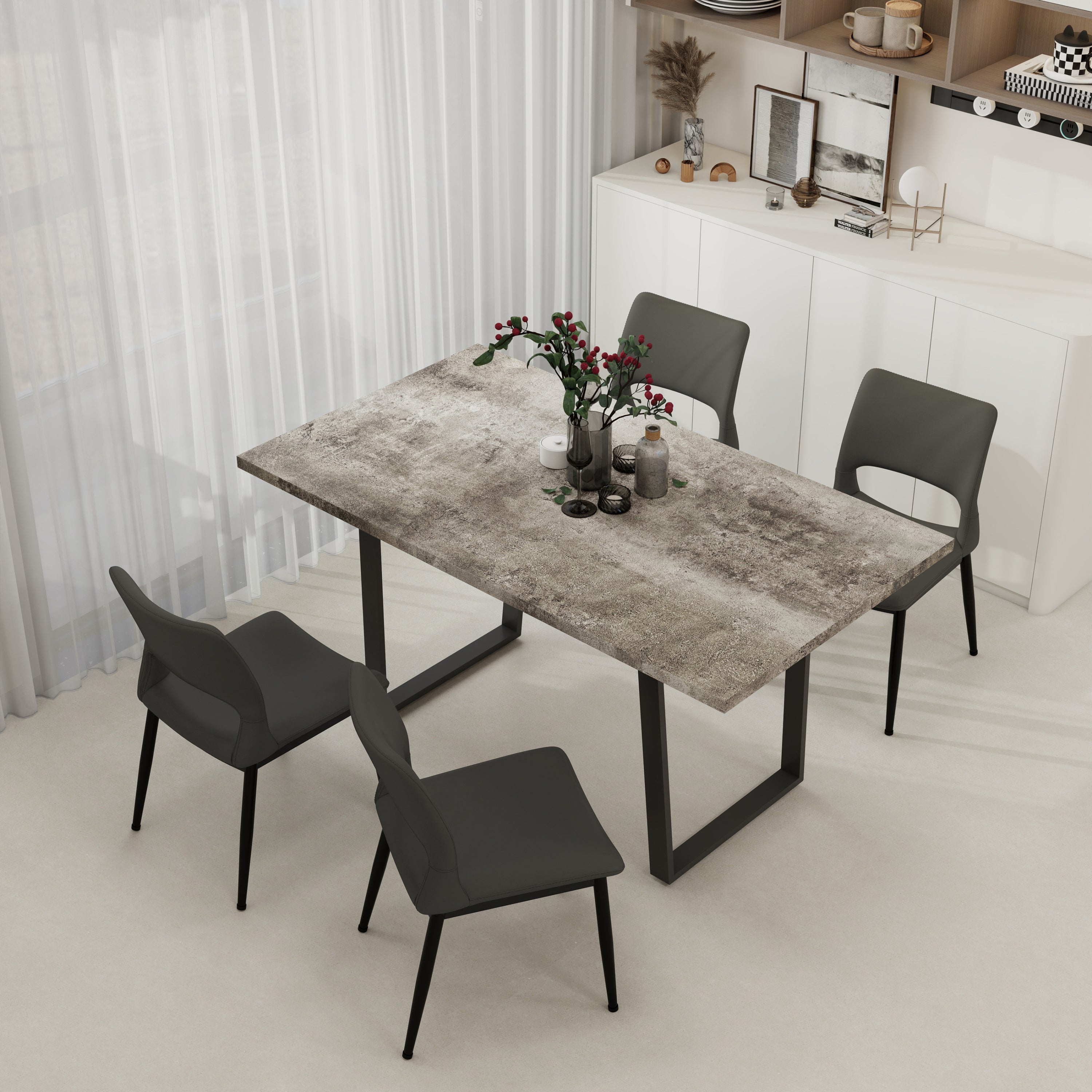 62.9 Inch Rectangular MDF Dining Table and Chair Set with 4 Grey PU Cushion Black Metal Leg Chairs - Sturdy, Easy to Assemble for Kitchen & Dining Room